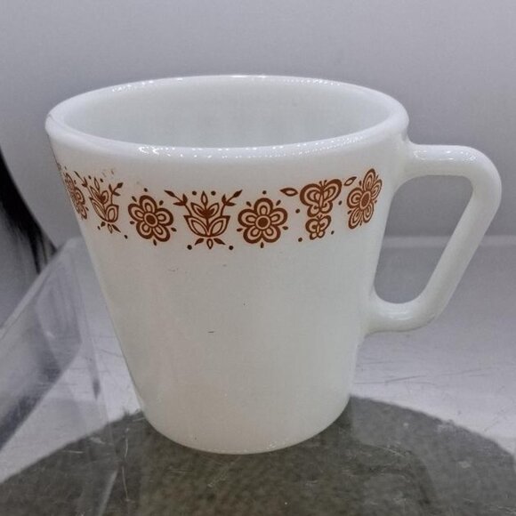 Vintage Pyrex White Milk Glass Mug W/Brown Floral Pattern 300ml Microwave Safe - Picture 3 of 5